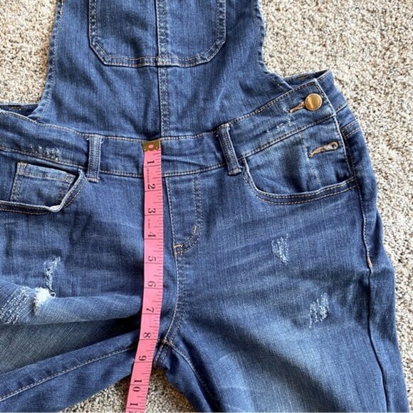 Wax Jean ankle length skinny leg stretch distressed denim overalls. Size S - Picture 10 of 12